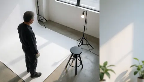 Photographe de portrait vu de dos dans un studio avec fond blanc, fauteuil noir et éclairage professionnel, créant une ambiance propre et ordonnée.