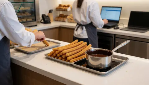 Un employé de cuisine sert des churros frais accompagnés de chocolat chaud à un point de vente dans un parc à thème.