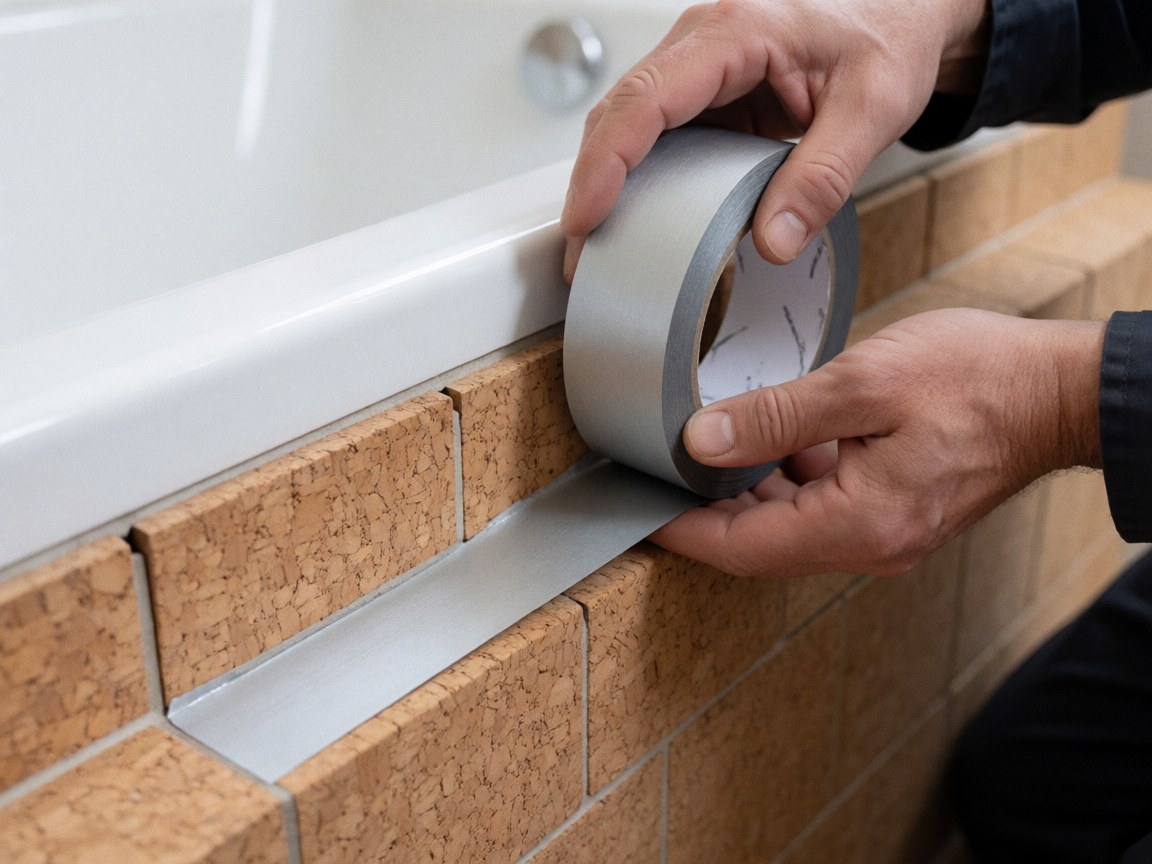 Des mains posent une bande d'étanchéité dans la jonction entre des carreaux de liège et le rebord d'une baignoire blanche, montrant un détail d'installation.
