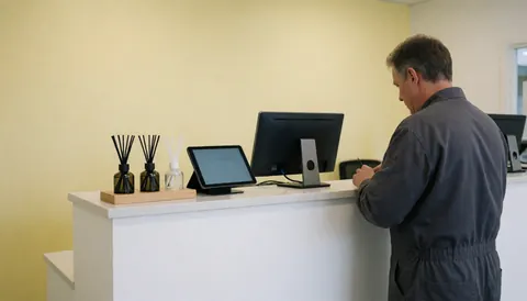 Réception d'un centre de lavage automobile équipée d'une tablette et d'un ordinateur sur un bureau, avec des murs crème clair, un environnement propre et professionnel.