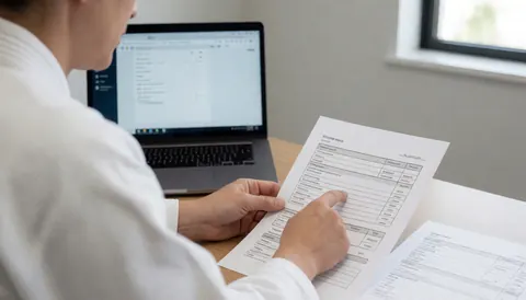 Un instructeur de karate en tenue blanche vérifie un document d'inscription sur une table dans un bureau éclairé par la lumière naturelle.