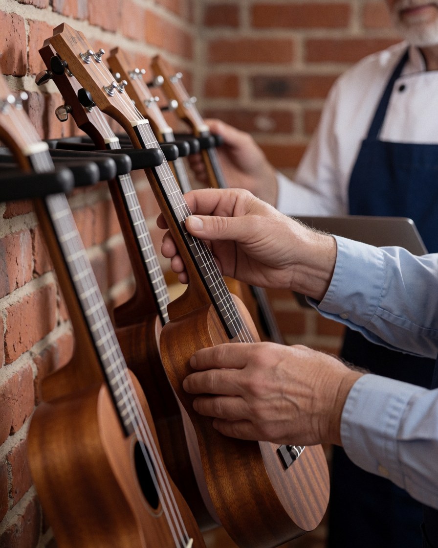 Une main adulte sélectionne un ukulélé en bois dans une académie de musique avec un mur en briques, évoquant luxe et soin du matériel.