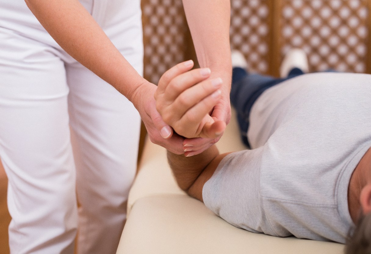 Un thérapeute étire la main d'un client allongé sur une table de massage dans un cadre en bois.