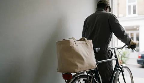 Vue arrière d'un cycliste avec un vélo-taxi et un sac en tissu devant un mur gris, scène matinale évoquant le transport urbain durable.