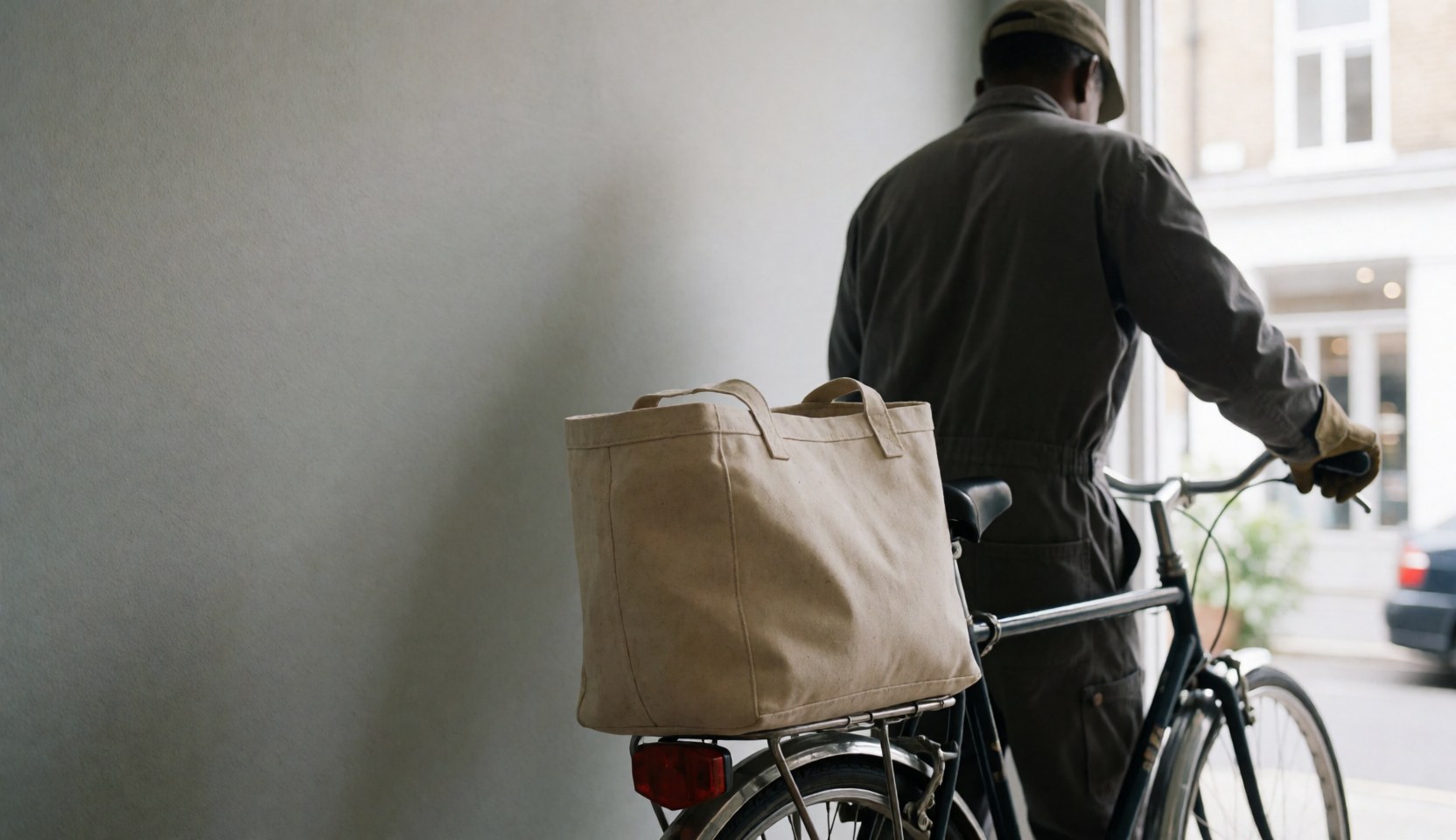 Vue arrière d'un cycliste avec un vélo-taxi et un sac en tissu devant un mur gris, scène matinale évoquant le transport urbain durable.