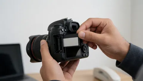 Professionnel insérant une carte mémoire CFexpress dans un appareil photo reflex numérique en studio sur fond blanc avec un éclairage doux et uniforme.