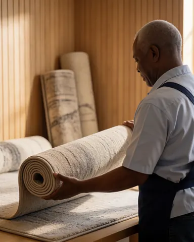 Un homme examine une moquette propre et roulée dans une laverie, avec d'autres rouleaux en arrière-plan sur des murs en bois.