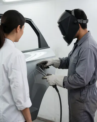 Un technicien en casque de soudage présente à un client une réparation invisible sur une portière de voiture peinte en blanc