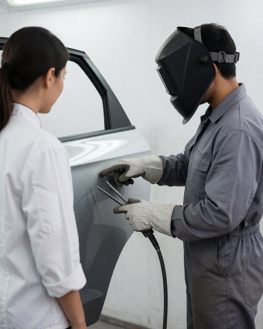 Un technicien en casque de soudage présente à un client une réparation invisible sur une portière de voiture peinte en blanc