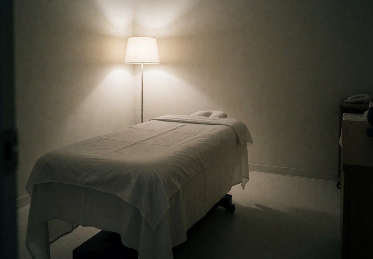Lit de massage recouvert de draps blancs dans une pièce aux murs neutres, éclairé par une lampe sur pied, idéal pour les massages cervicaux.