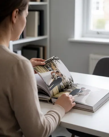Une cliente consulte un album de mariage posé sur une table blanche dans un bureau éclairé par la lumière naturelle, entouré d'étagères contenant d'autres albums.