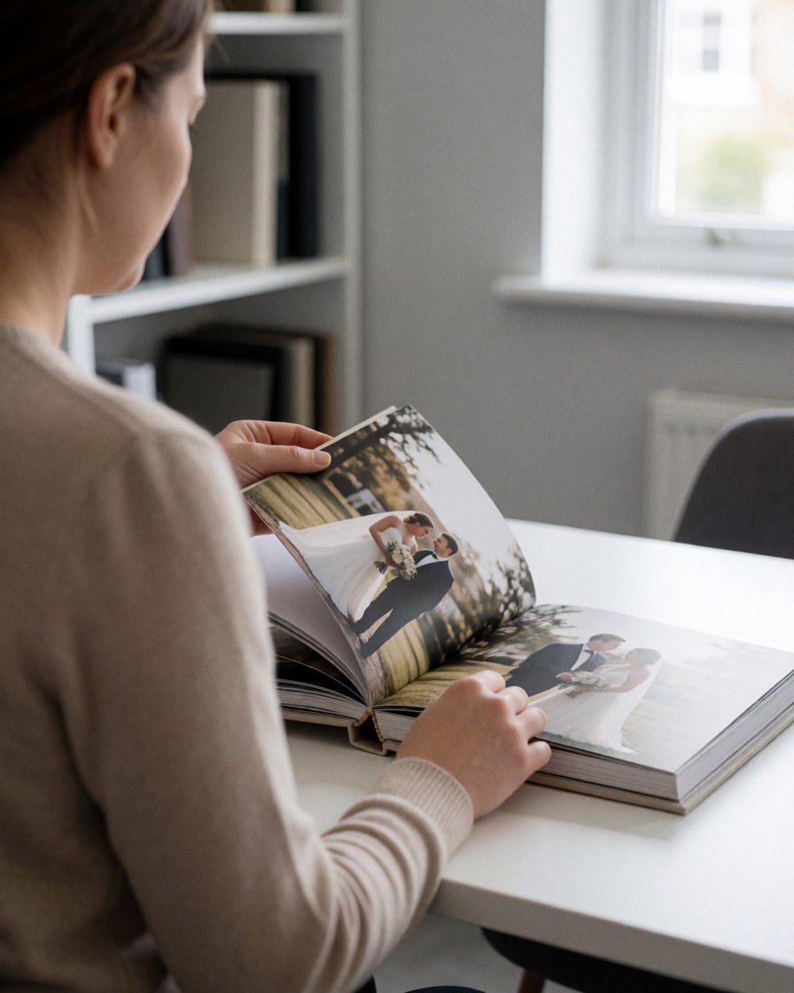Une cliente consulte un album de mariage posé sur une table blanche dans un bureau éclairé par la lumière naturelle, entouré d'étagères contenant d'autres albums.