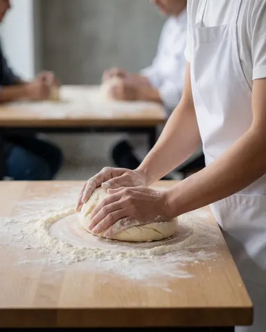 Des mains pétrissent de la pâte sur une table en bois saupoudrée de farine, dans un atelier de boulangerie aux murs de béton.