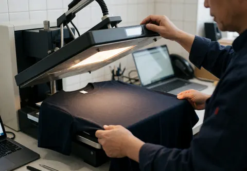 Un technicien ajuste un t-shirt sombre sur une presse thermique industrielle dans un atelier aux murs carrelés blancs, illustrant le processus de personnalisation de vêtements.
