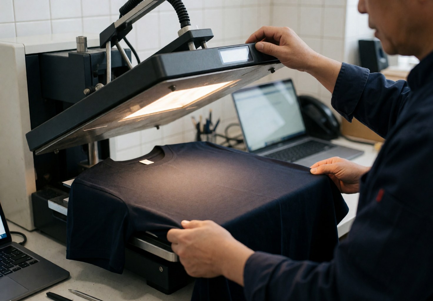 Un technicien ajuste un t-shirt sombre sur une presse thermique industrielle dans un atelier aux murs carrelés blancs, illustrant le processus de personnalisation de vêtements.