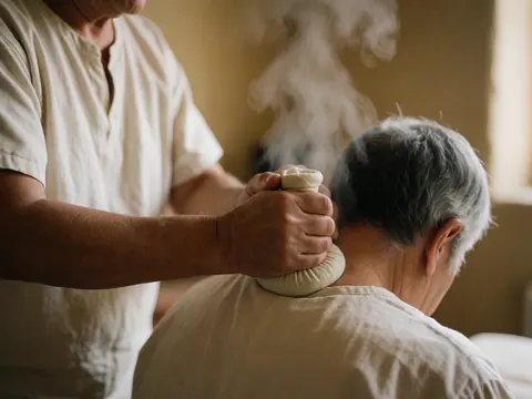 Des mains versent une potion chaude et fumante sur le cou d'un client dans une pièce aux murs beige pour un massage thérapeutique.