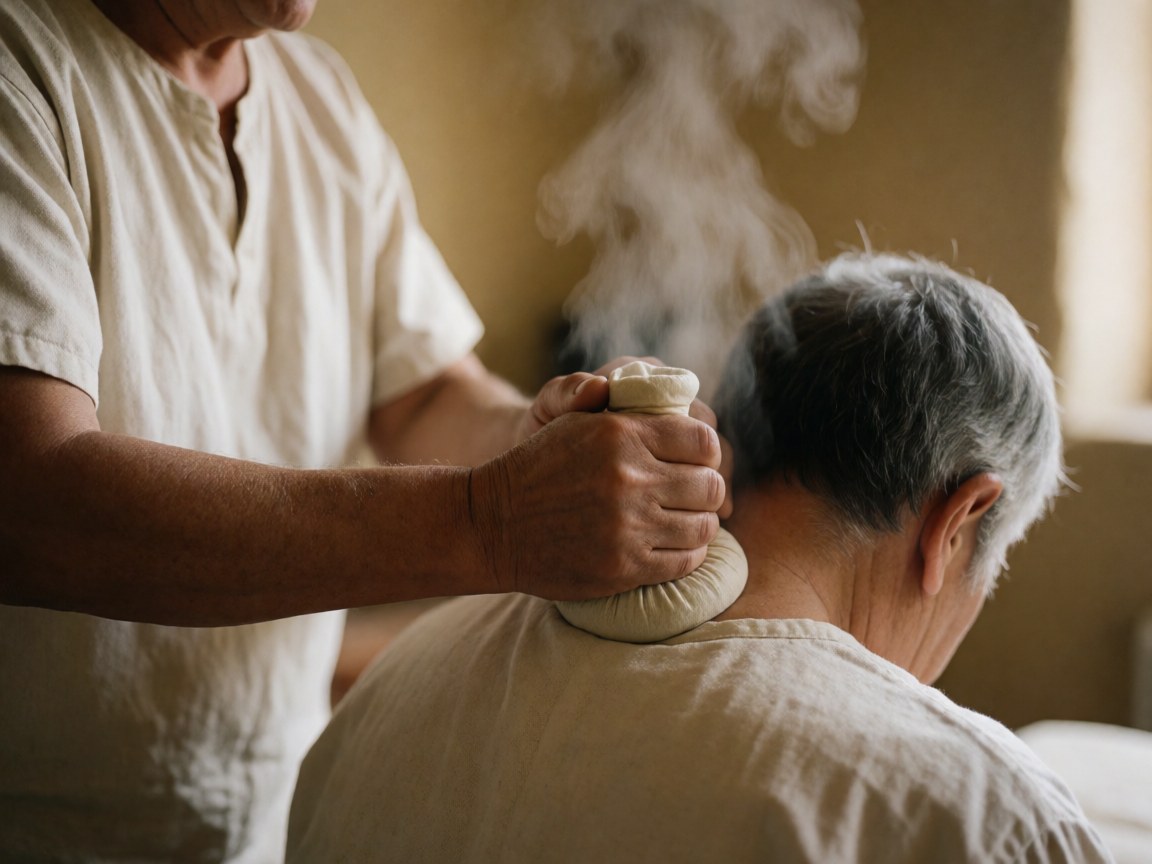 Des mains versent une potion chaude et fumante sur le cou d'un client dans une pièce aux murs beige pour un massage thérapeutique.