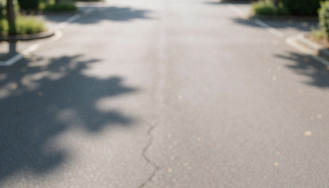 Fond flou d'un parking pavé avec des ombres d'arbres et des lignes blanches, idéal pour ajouter du texte commercial.