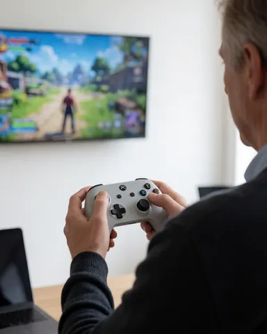 Un homme âgé joue à un jeu vidéo avec une manette grise devant un écran, dans une pièce aux murs blancs, idéal pour illustrer la réparation de consoles.