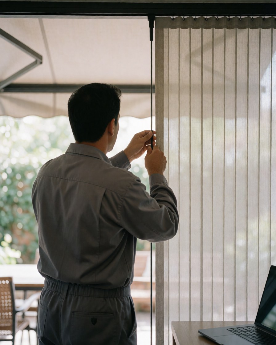 Technicien en uniforme gris ajuste un store vertical dans une cour ensoleillée, montrant l'équipe et l'environnement extérieur.