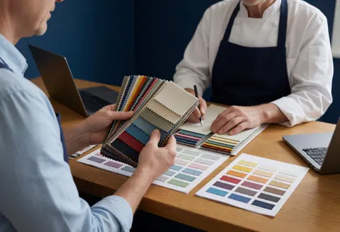 Cliente et professionnel sélectionnant des tissus et des couleurs dans un magasin de personnalisation de vêtements avec des échantillons et des ordinateurs