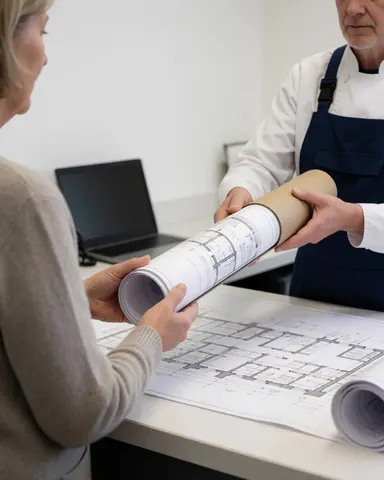 Un client reçoit des plans architecturaux dans un tube de protection des mains d'un professionnel dans un bureau moderne et lumineux.