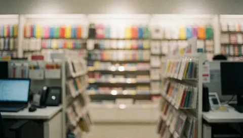 Arrière-plan flou d'une papeterie avec des étagères remplies de produits colorés et un ordinateur portable sur le comptoir, idéal pour ajouter du texte.
