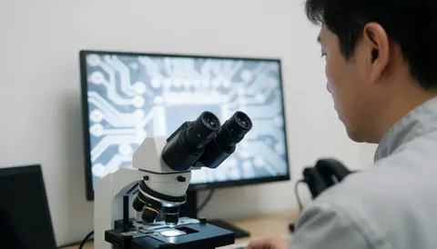 Un technicien de réparation de téléphones observe attentivement un circuit imprimé à travers un microscope sur un bureau avec un écran et un fond blanc.