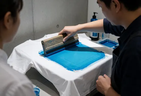 Un ouvrier utilise une raclette pour appliquer de l'encre bleue sur un t-shirt blanc dans un atelier d'impression avec un mur en béton visible.