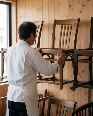 Un homme examine une chaise en bois dans un atelier de tapissier avec des murs en bois et une lumière naturelle.