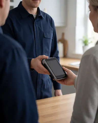 Un technicien utilise une terminal de paiement mobile dans une cuisine pour régler la facture du client lors d'une intervention de réparation.