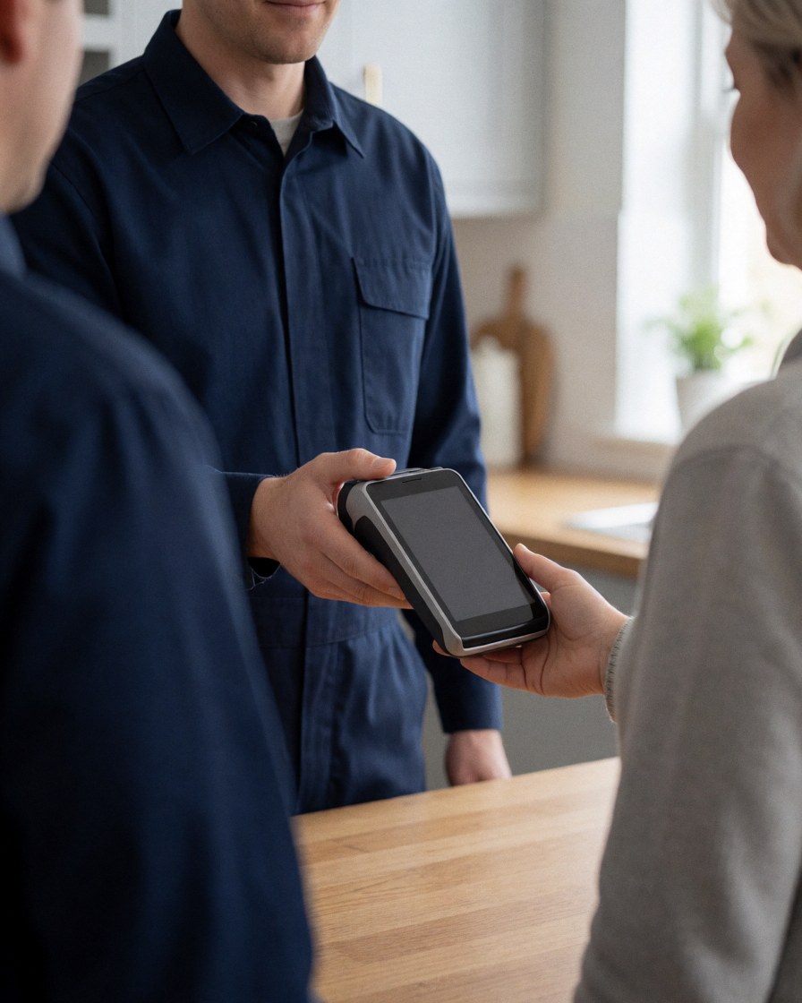 Un technicien utilise une terminal de paiement mobile dans une cuisine pour régler la facture du client lors d'une intervention de réparation.