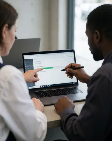 Un technicien et un client examinent ensemble l'avancement de la réparation sur un ordinateur portable dans un atelier de réparation électronique.