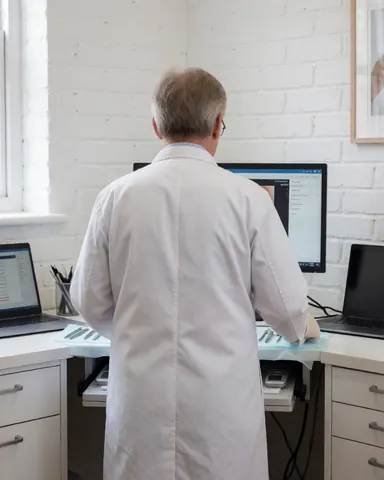Médecin en blouse blanche et gants consulte des résultats d'analyse cutanée sur un écran, avec des instruments médicaux sur une table blanche, mur en briques blanches, environnement propre et professionnel.