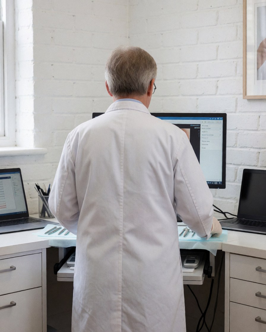Médecin en blouse blanche et gants consulte des résultats d'analyse cutanée sur un écran, avec des instruments médicaux sur une table blanche, mur en briques blanches, environnement propre et professionnel.