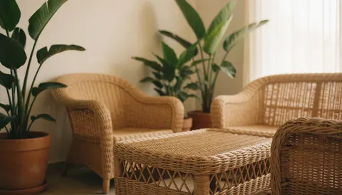 Intérieur d'une cabane en rotin avec meubles, plantes vertes en pots de terre cuite et lumière douce, idéal comme arrière-plan pour des textes commerciaux.