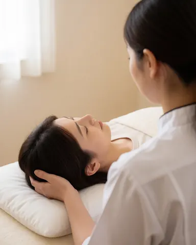 Une thérapeute applique un shiatsu à une cliente allongée sur un oreiller blanc dans un espace aux murs beige et à la lumière douce.