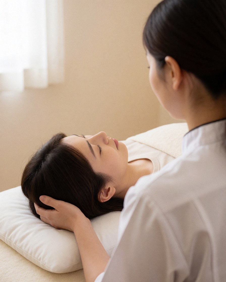 Une thérapeute applique un shiatsu à une cliente allongée sur un oreiller blanc dans un espace aux murs beige et à la lumière douce.