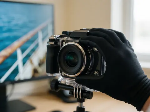 Une main portant un gant noir ajuste les commandes d'un appareil photo protégé par un boîtier étanche, avec un reflet d'eau sur l'objectif et une rambarde de naufrage en arrière-plan.