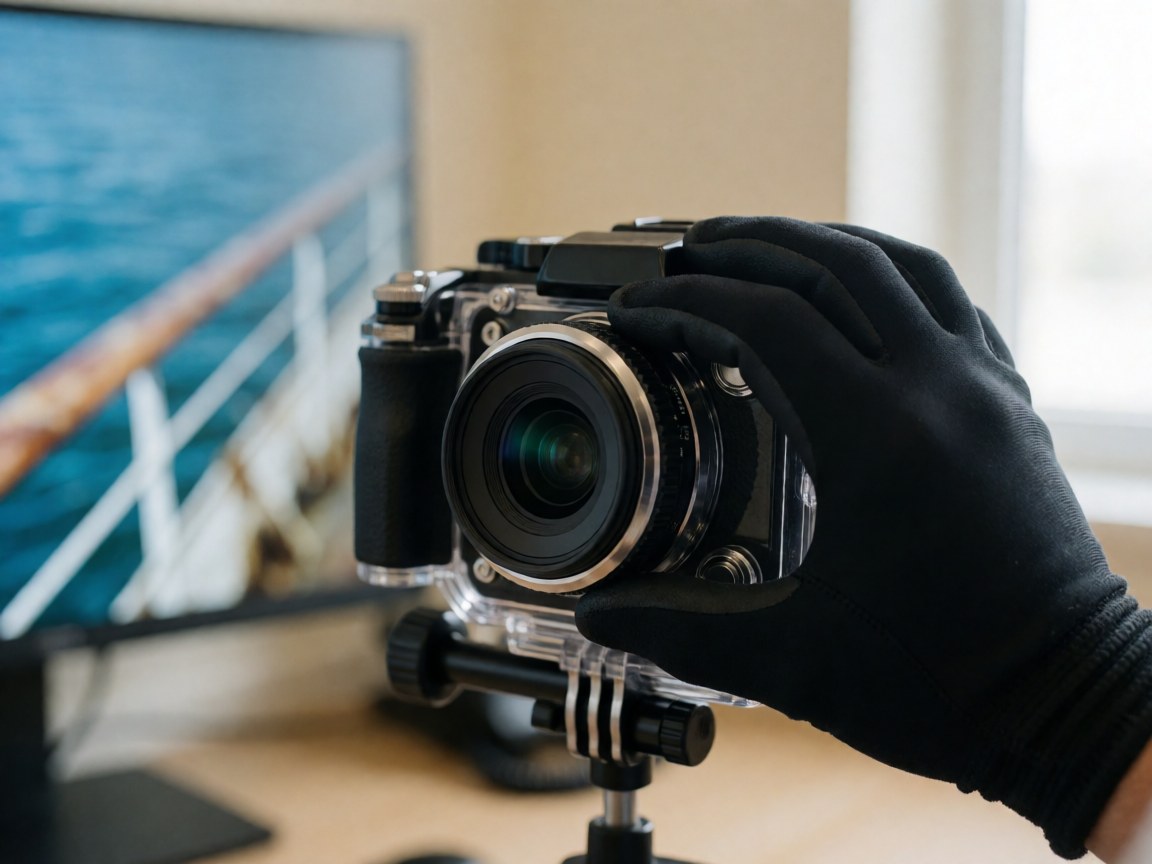 Une main portant un gant noir ajuste les commandes d'un appareil photo protégé par un boîtier étanche, avec un reflet d'eau sur l'objectif et une rambarde de naufrage en arrière-plan.