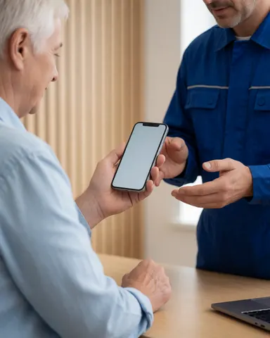 Technicien en uniforme bleu remet un smartphone à l'écran intact à un client dans un atelier avec murs en bois clair et table de travail.