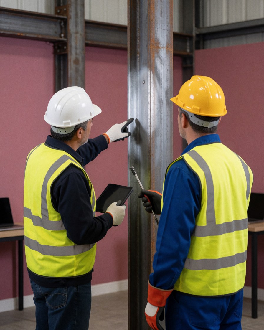 Deux ingénieurs en casques et gilets de sécurité examinent une structure métallique dans un atelier industriel aux murs roses.