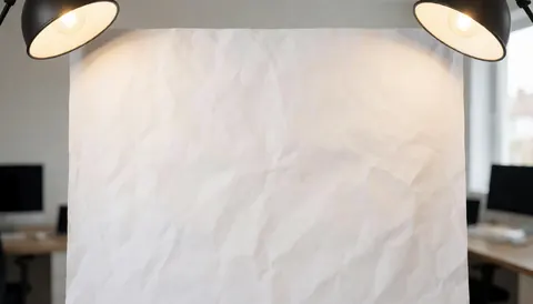 Fond d'étude avec papier blanc froissé, éclairé par des lumières chaudes, idéal pour placer des produits ou des textes commerciaux.