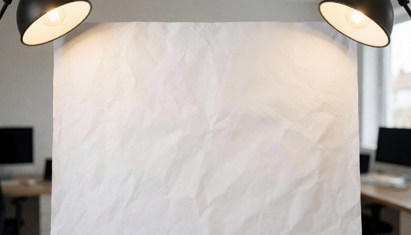 Fond d'étude avec papier blanc froissé, éclairé par des lumières chaudes, idéal pour placer des produits ou des textes commerciaux.