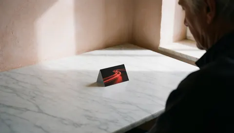 Carte de visite posée sur une table en marbre blanc avec une lumière rouge, mur en plâtre terracotta et lumière naturelle, idéal pour un photographe cinétique