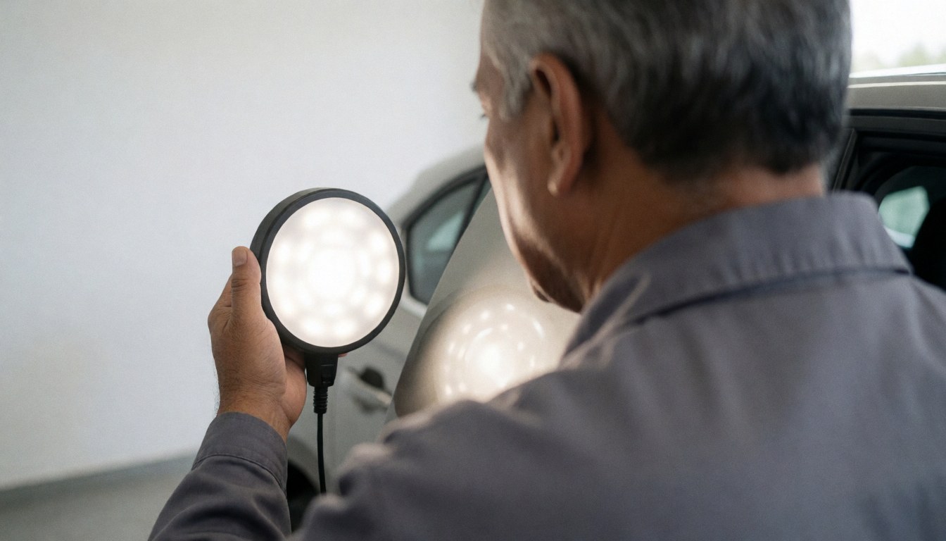 Un technicien en carrosserie automobile examine une portière de véhicule à l'aide d'une lampe torche circulaire dans un atelier professionnel aux murs blancs.