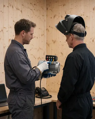 Un technicien dans un atelier montre un moteur électrique à un client, avec des murs en bois et des outils visibles en arrière-plan.