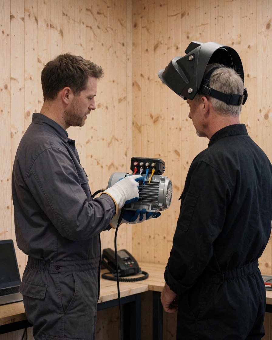 Un technicien dans un atelier montre un moteur électrique à un client, avec des murs en bois et des outils visibles en arrière-plan.