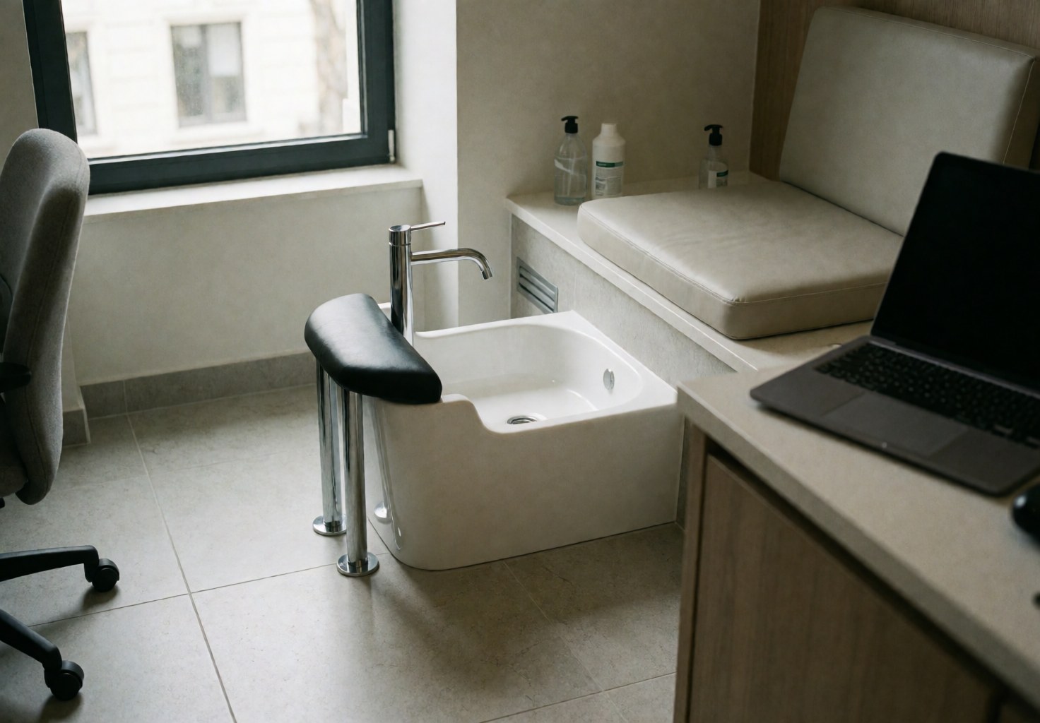 Bassin pour pieds blanc avec robinet chromé, banc avec coussin, bouteilles de produit et lumière naturelle par fenêtre dans un salon de manucure et pédicure.