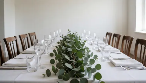 Longue table de banquet avec nappe blanche, verres en cristal et bouquet d'eucalyptus au centre, idéale pour événements et réceptions formelles.